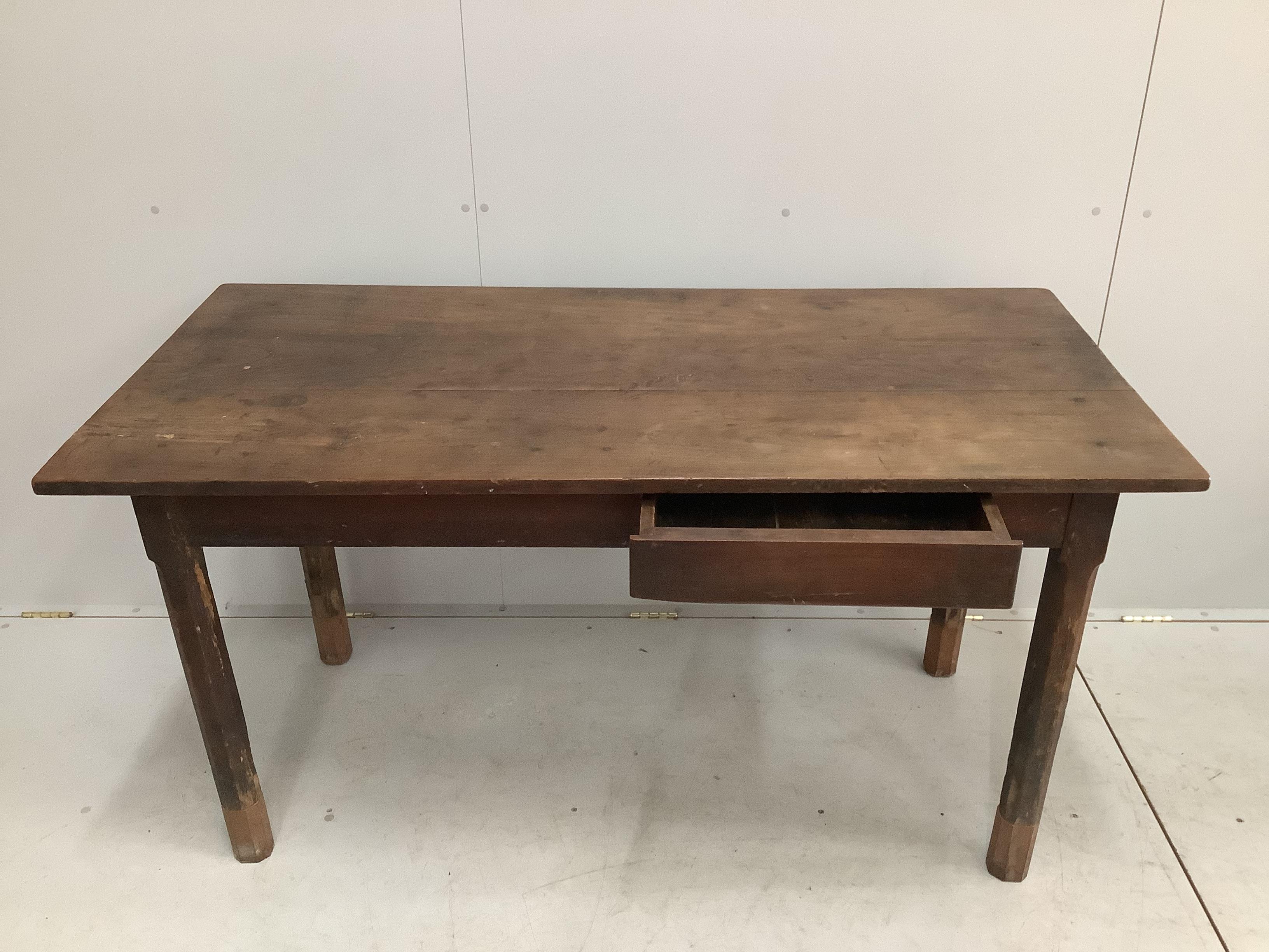 A 19th century French rectangular fruitwood kitchen table with single drawer, width 152cm, depth 73cm, height 78cm